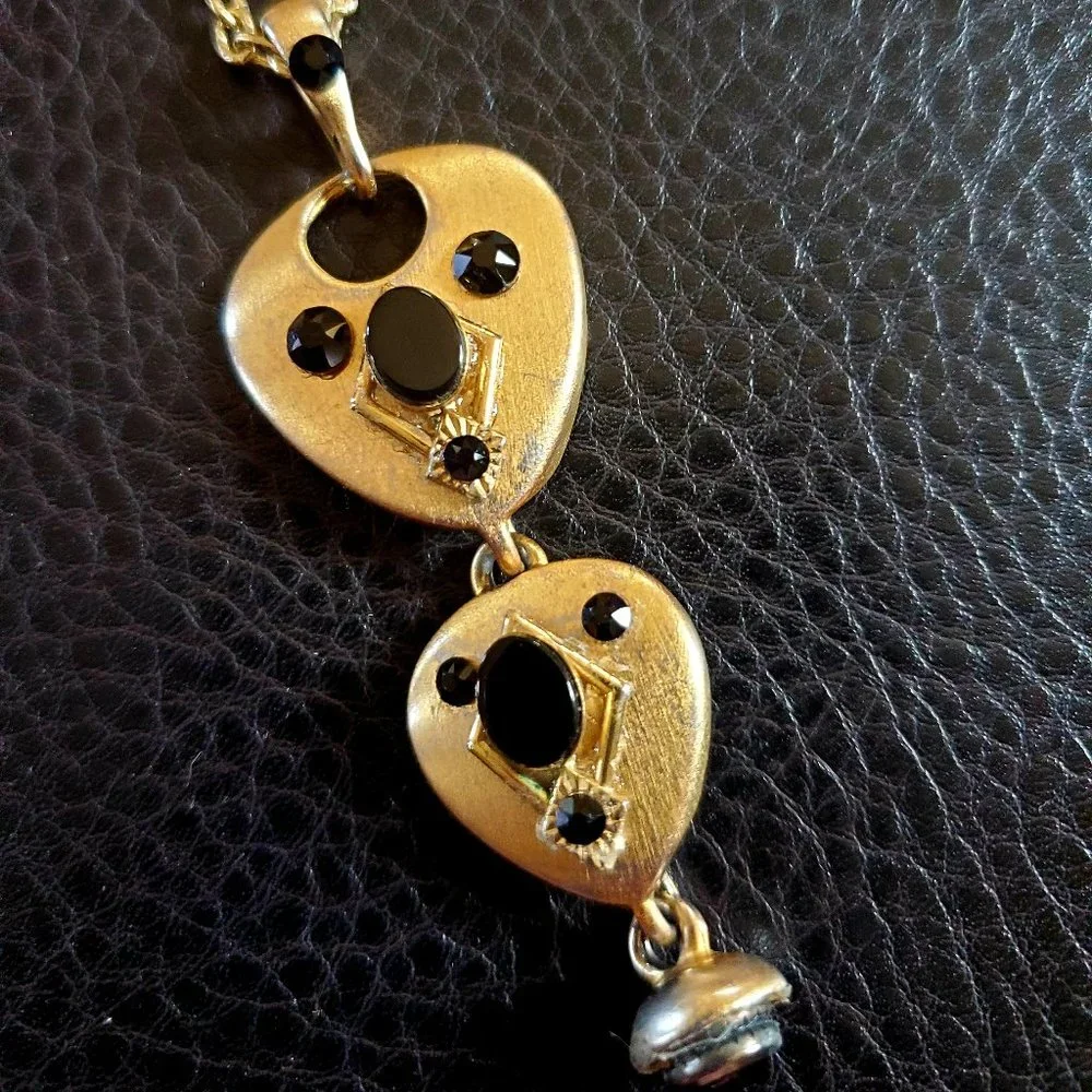 Brushed Gold Black Rhinestone Long Dangle Pendant Dressy Necklace Vintage 20